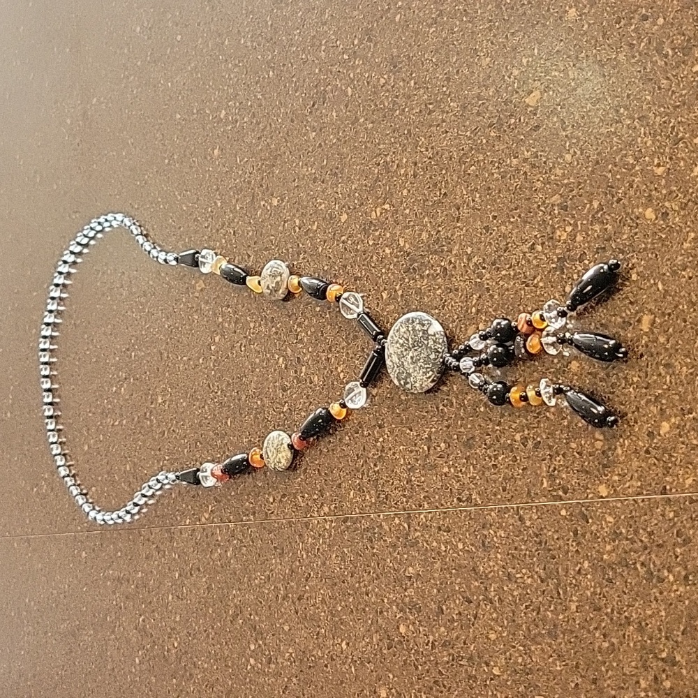 Hand made 39" Stone,Crystal and Glass bead tassel Necklace. Earthy tones